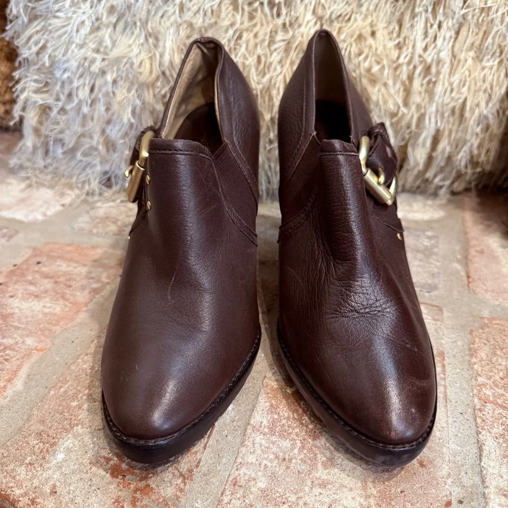 Brown Leather Gold Buckle Heeled Ankle Boo… - Picture 5 of 12